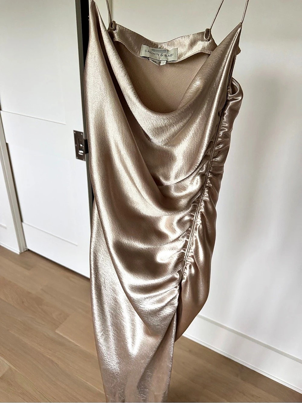 Ruched Cowl Neck Maxi Dress in Champagne Size Small